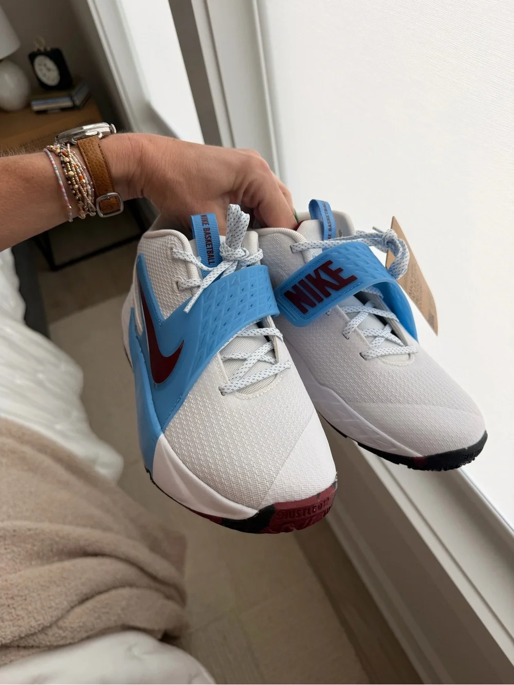 Nike Men's White and Blue Training Shoe with Maroon Swoosh Accent